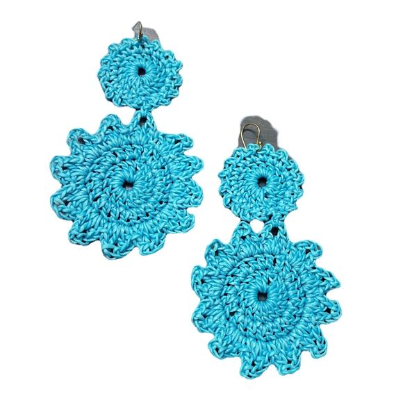 ROLLER RABBIT Macrame Earring Sky Blue Hook Crochet Boho Casual NEW - Picture 2 of 4